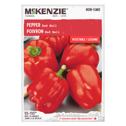 Front of McKenzie Seeds Pepper Red Bell seed packet showing vibrant red bell peppers