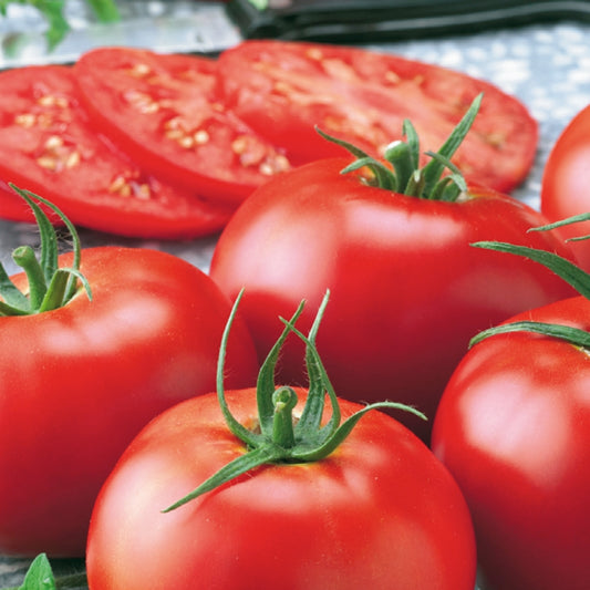 An image of bright red, ripe Early Girl tomatoes cut open to show the inside, with green stems attached.